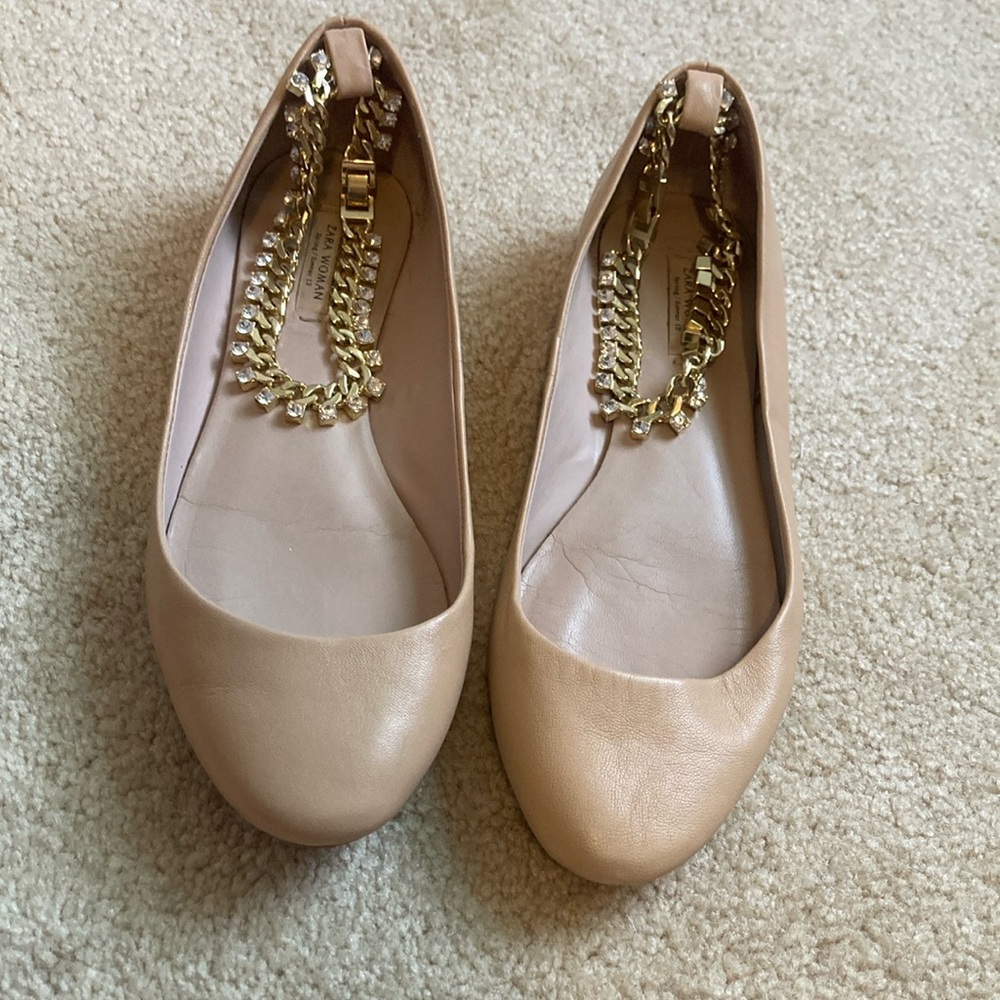 Zara Tan Flats with Gold Chain Detail